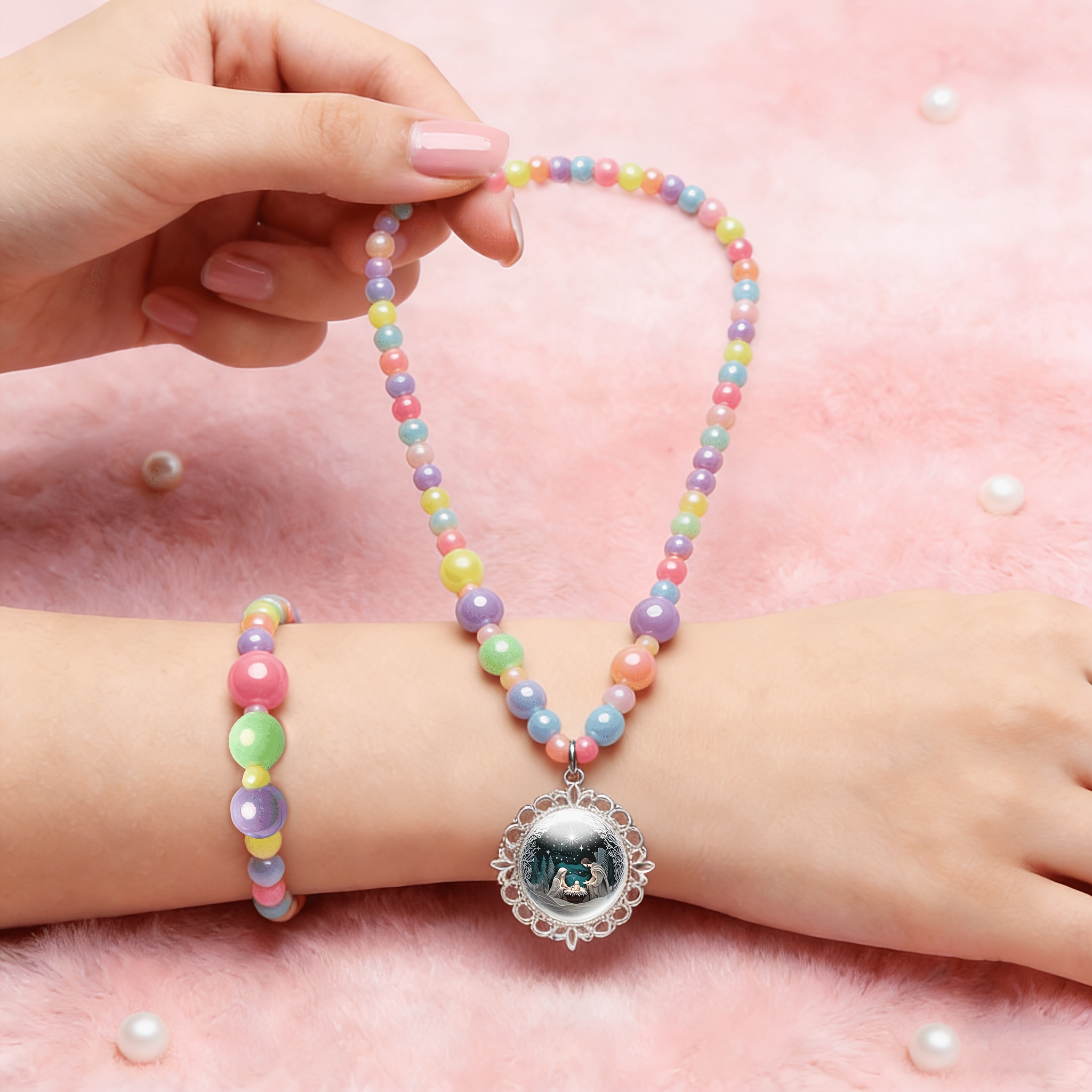 2pcs Christmas Night Scene Necklace and Bracelet Set, Cute Jewelry